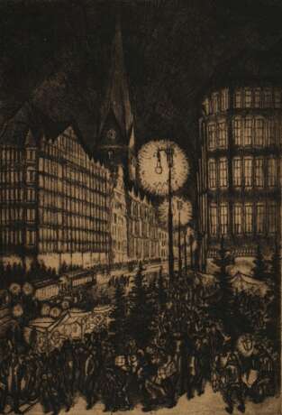 Illies, Arthur (1870-1952) "Weihnachtsmarkt (Hbg.)" 1922, Radierung, u.r. sign., PM 35,3x24,2cm, BM 48x33,8cm, vergilbt, min. fleckig - фото 1