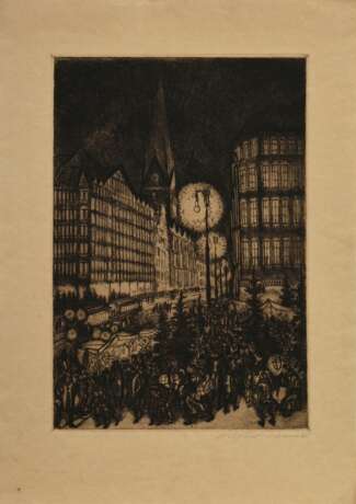Illies, Arthur (1870-1952) "Weihnachtsmarkt (Hbg.)" 1922, Radierung, u.r. sign., PM 35,3x24,2cm, BM 48x33,8cm, vergilbt, min. fleckig - photo 2