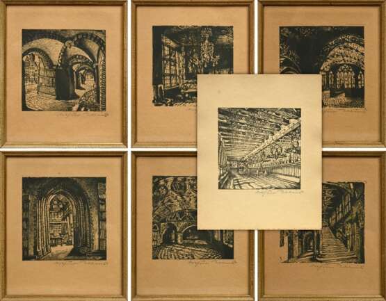 7 Illies, Arthur (1870-1952) "Innenraum Ansichten", Radierungen, je u.r. sign., 6x gerahmt, PM je ca. 16,7x16,7cm (m.R. 30x25,5cm), BM 32x25,5cm, vergilbt und min. fleckig - photo 1