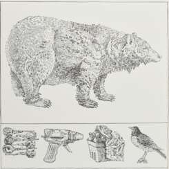 Nice, Don (1932-2019) "Bear with Predella" 1976, Hochdruckverfahren, 110/1000, verso num., aus Rubber Stamp Portfolio, 20,4x20,4cm, Hrsg. Museum of Modern Art, New York, mit dazugehörigem Umschlag