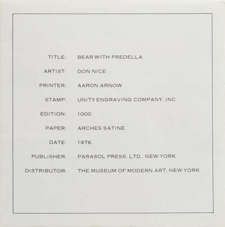 Nice, Don (1932-2019) "Bear with Predella" 1976, Hochdruckverfahren, 110/1000, verso num., aus Rubber Stamp Portfolio, 20,4x20,4cm, Hrsg. Museum of Modern Art, New York, mit dazugehörigem Umschlag - photo 3
