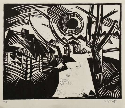 Schmidt-Rottluff, Karl (1884-1976) "Russische Landschaft mit Sonne" 1919, Lithographie (nach einem Holzschnitt), PM 32,3x39,6cm, BM 36,5x42cm, u.r. Druck-Signatur, u. li. num. (193), o.M. min. Randdefekt - Foto 1