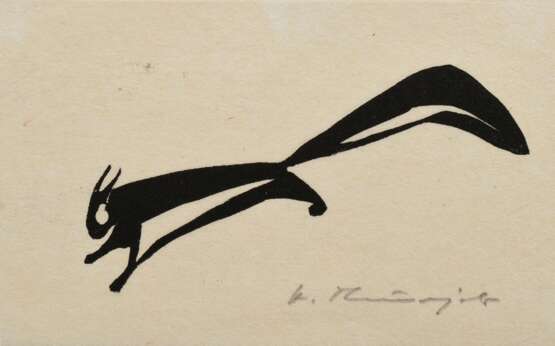 Theuerjahr, Heinz (1913-1991) "Springendes Eichhörnchen", Holzschnitt, auf Papier montiert, u. sign., BM 10x18,2cm (16x30cm) - Foto 1