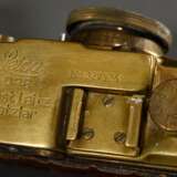Kleinbild Kamera, Leica Kopie oder sogenannte "Gold Leica", Messing und Kunstleder in Kroko-Optik, wohl Russland 1. H. 20. Jhd., Funktion ungeprüft, Linse klar, B 13,5cm, H 7cm, mit stark gebrauchter Leica Tasche - фото 5