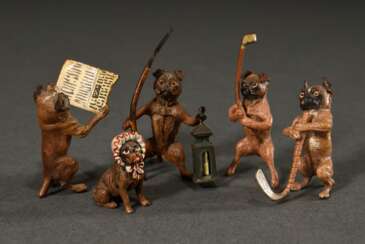5 Diverse Wiener Bronze Figuren: "2 Möpse beim Golf", "Mops beim Zeitunglesen", "Mops als Nachtwächter" und "Mops mit Babyhaube", farbig bemalt, H. 2,6-5,3cm, leicht berieben