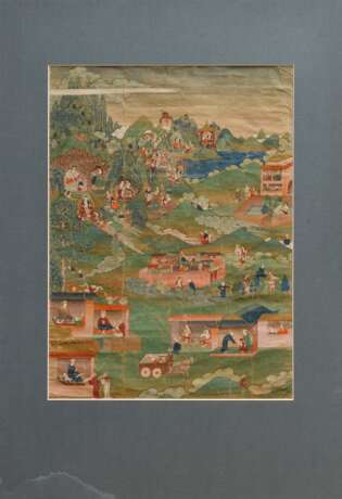 Thangka „Buddhistische Legenden“, sehr feine detaillierte Darstellung aus der Vogelperspektive, Aquarell/Mischtechnik/Papier auf Hartfaserplatte aufgezogen mit Passepartout, Tibet 18./19. Jh., 80x59/120x82,5cm - фото 2