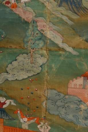 Thangka „Buddhistische Legenden“, sehr feine detaillierte Darstellung aus der Vogelperspektive, Aquarell/Mischtechnik/Papier auf Hartfaserplatte aufgezogen mit Passepartout, Tibet 18./19. Jh., 80x59/120x82,5cm - Foto 4
