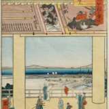 Isshusai Kunikazu (tätig 1850-70) "Ikutama Ema Tempel" (Ikutama Ema-dô), aus der Serie: "100 Ansichten von Naniwa (Naniwa hyakkei)", Farbholzschnitt, sign. Kunikazu ga, 25x17,5cm, leichte Altersspuren - фото 1