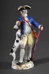 Polychrom staffierte Meissen Figur „Jäger mit Hund und Rebhuhn“ in seltener Farbgebung, Entw.: Peter Reinicke um 1753/1754, Ritznr.: 60248/1302, 20.Jh., H. 14,5cm
