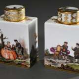 Paar Meissen Teedosen mit äußerst feiner polychrome Malerei "Bergmannsmotive" nach Bonaventura Gottlieb Häuer (1710-1782) und ornamentaler Goldstaffage, Ritznr.: 52868/286, Ausf.: 20.Jh., 10,5x7x4cm, 1x Gold am Deckel leicht berieben - фото 1