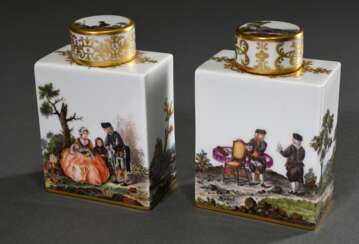 Paar Meissen Teedosen mit äußerst feiner polychrome Malerei "Bergmannsmotive" nach Bonaventura Gottlieb Häuer (1710-1782) und ornamentaler Goldstaffage, Ritznr.: 52868/286, Ausf.: 20.Jh., 10,5x7x4cm, 1x Gold am Deckel leicht berieben