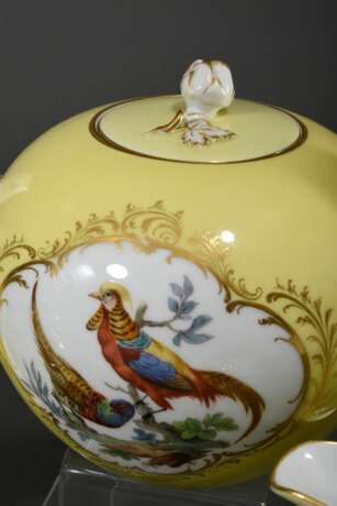 15 Teile Meissen Teeservice "Vogeldekor" in Goldkartuschen auf gelbem Fond, blaue Schwerter Marke, Pfeiffer Zeit 1924-1934, bestehend aus: 1 Teekanne (H. 14cm), 1 Zuckertopf (H. 9,5cm), 1 Milchgießer (H. 11cm), 6 Teetassen/UT (H. 5cm) und 6 Teller (Ø 18c - photo 4