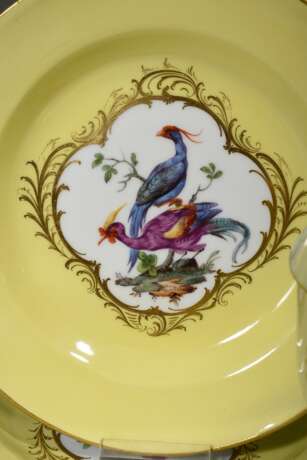 15 Teile Meissen Teeservice "Vogeldekor" in Goldkartuschen auf gelbem Fond, blaue Schwerter Marke, Pfeiffer Zeit 1924-1934, bestehend aus: 1 Teekanne (H. 14cm), 1 Zuckertopf (H. 9,5cm), 1 Milchgießer (H. 11cm), 6 Teetassen/UT (H. 5cm) und 6 Teller (Ø 18c - Foto 5