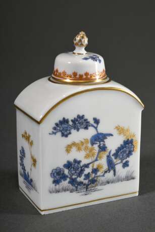 Kleine Meissen Teedose mit blauer Bemalung „Chinoiserie“ und Goldstaffage, 20. Jh., Ritznr.: 652/09855, Malernr.: 570110-60, 9,5x6x3,7cm - photo 1