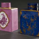 2 Diverse Meissen Teedosen: „Indische Purpur Malerei “ in Kartuschen auf rosafarbenem Fond und florale Goldmalerei auf mittelblauem Fond, Malernr.: 578401 2, 20.Jh. (12x8,5x5,2/12x8,5x5,2cm) - photo 2