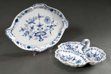 2 Teile Meissen "Zwiebelmuster" Porzellan, 20.Jh.: Cabaret (29,5 x33,5cm, 3 Schleifstr.) und gr. Tablett mit Rocaillegriffen (46 x33,5cm) min. ber.