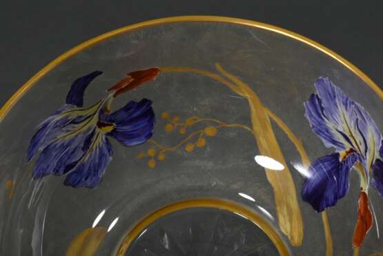 Jugendstil Schale mit naturalistischer polychromer Emaille Malerei "Irisblüten" auf mattiertem Glas, Sternschliff im Boden, um 1900, H. 9,5cm, Ø 18cm - Foto 4