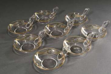 8 Jugendstil Glas Dessertschalen mit seitlichen Henkeln und zarter Bemalung "Blattkränze in Golddraperien", um 1900, H. 3cm, Ø 11cm, Gold leicht berieben, 1x best.