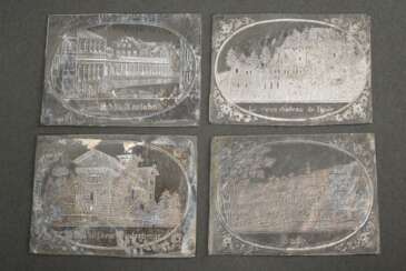 4 Diverse Kainer, Wenzel (tätig 1850-1865 in Hbg.) Zinn-Abgüsse v. geschliffenen Glasplatten: "Baden Baden" und "Kurbäder", 9x6,9cm, oxidiert, Provenienz: aus der Familiennachfolge von W. Kainer