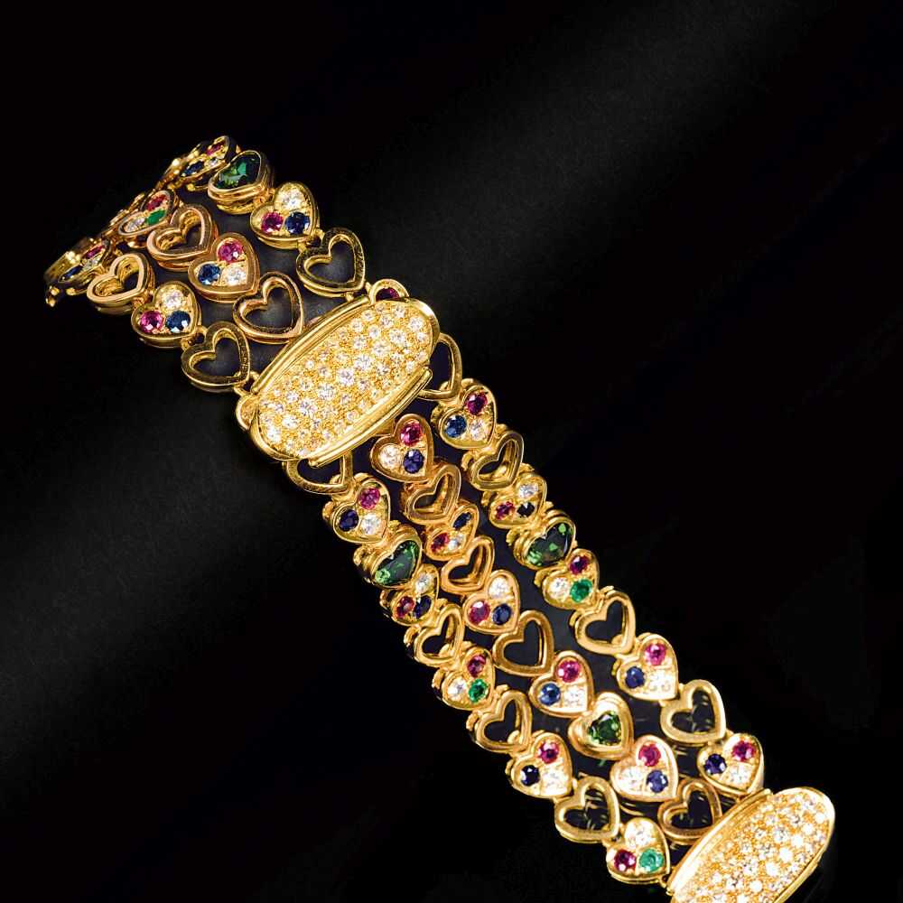 Breites Armband mit Brillanten und Farbedelsteinen 'Colourful Hearts'.