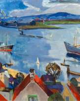Tom Hops (Hamburg 1906 - Hamburg 1976). Blick über Blankenese auf die Elbe.