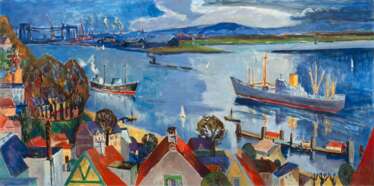 Tom Hops (Hamburg 1906 - Hamburg 1976). Blick über Blankenese auf die Elbe.