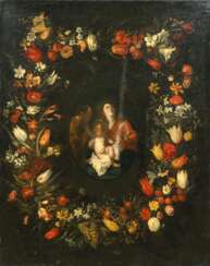 Mario Nuzzi (Penna Fermana 1603 - Rom 1673), Umkreis. Heilige Familie im Blütenkranz.