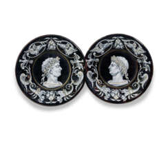 A PAIR OF LIMOGES ENAMEL SAUCERS DEPICTING EMPERORS IN PROFILE