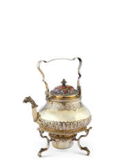 A GERMAN SILVER-GILT AND ENAMEL TEA KETTLE, STAND AND LAMP