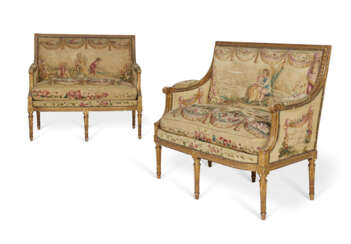 A PAIR OF FRENCH GILTWOOD AND AUBUSSON TAPESTRY CANAPES