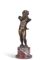 A BRONZE FIGURE OF A CRYING PUTTO