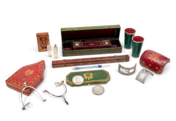 A SUITE OF FRENCH SILVER AND SILVER-MOUNTED TRAVEL AND DESK ACCESSORIES
