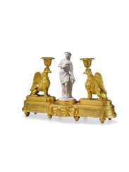 A LATE LOUIS XVI ORMOLU AND BISCUIT PORCELAIN CANDELABRA