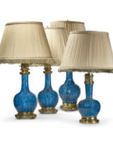 THREE GILT-BRONZE MOUNTED THEODORE DECK FAIENCE 'PERSIAN BLUE' BOTTLE VASES, MOUNTED AS LAMPS