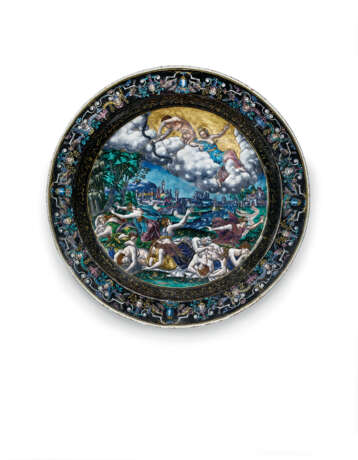 A CIRCULAR LIMOGES ENAMEL CHARGER DEPICTING THE PUNISHMENT OF NIOBE BY DIANA AND APOLLO - Foto 1