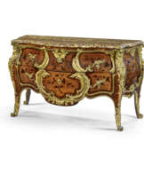 A LOUIS XV ORMOLU-MOUNTED KINGWOOD, TULIPWOOD, SATINWOOD AND MARQUETRY BOMBE COMMODE