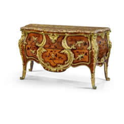 A LOUIS XV ORMOLU-MOUNTED KINGWOOD, TULIPWOOD, SATINWOOD AND MARQUETRY BOMBE COMMODE