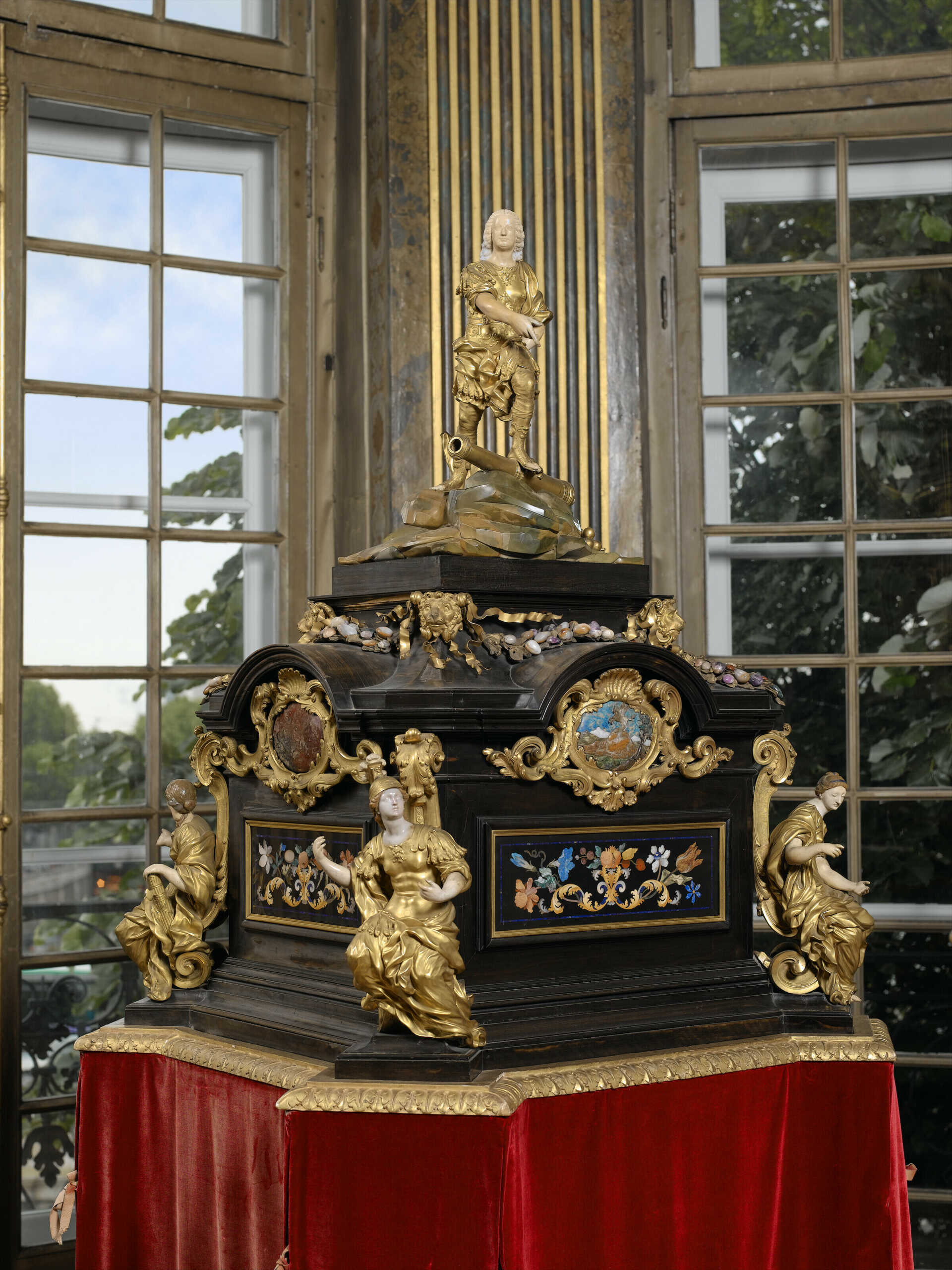 A MONUMENTAL ORMOLU-MOUNTED HARDSTONE CABINET ON STAND