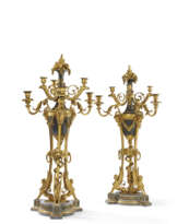 A PAIR OF LATE LOUIS XVI PATINATED-BRONZE, ORMOLU AND BLEU TURQUIN SIX-LIGHT CANDELABRA