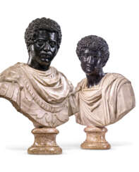 TWO BRONZE AND MARBLE BUSTS OF EMPERORS MARCUS AURELIUS AND LUCIUS VERUS