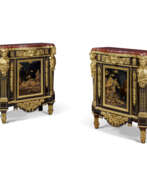 Joseph Baumhauer. A PAIR OF LATE LOUIS XV ORMOLU-MOUNTED, BRASS-INLAID, JAPANESE LACQUER AND EBONY MEUBLES A HAUTEUR D&#39;APPUI