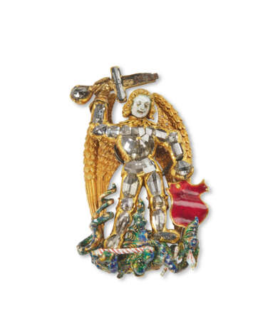 A FRENCH RENAISSANCE DIAMOND-SET AND ENAMELED GOLD BADGE OF SAINT MICHAEL AND THE DRAGON - Foto 1