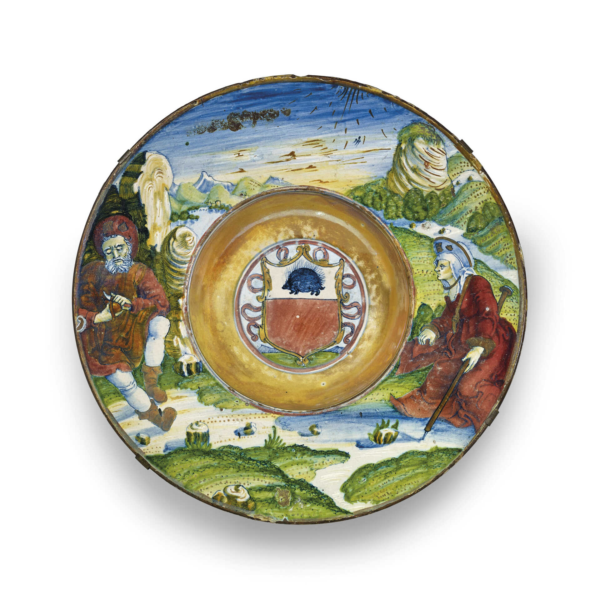 A GUBBIO MAIOLICA DATED GOLD AND RUBY LUSTRED ARMORIAL ISTORIATO DISH