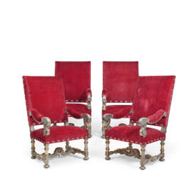 A SET OF FOUR FRENCH SILVER AND BEECHWOOD ARMCHAIRS