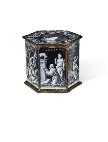 A HEXAGONAL LIMOGES ENAMEL SALT CELLAR DEPICTING THE WEAKNESS OF MAN - фото 1