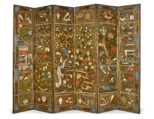 A DUTCH POLYCHROME-PAINTED AND GILT-GROUND EMBOSSED LEATHER SIX-PANEL SCREEN