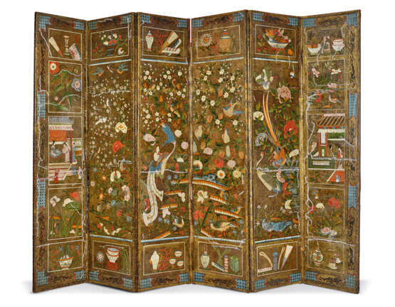 A DUTCH POLYCHROME-PAINTED AND GILT-GROUND EMBOSSED LEATHER SIX-PANEL SCREEN - фото 1
