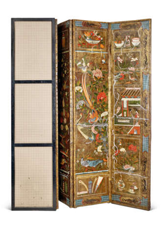 A DUTCH POLYCHROME-PAINTED AND GILT-GROUND EMBOSSED LEATHER SIX-PANEL SCREEN - фото 3