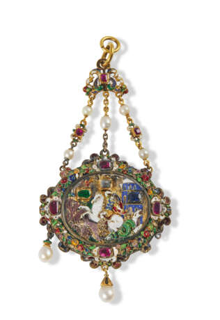 A CONTINENTAL JEWELED ENAMELED GOLD AND SILVER-GILT PENDANT - Foto 1