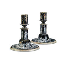 A PAIR OF LIMOGES ENAMEL CANDLESTICKS